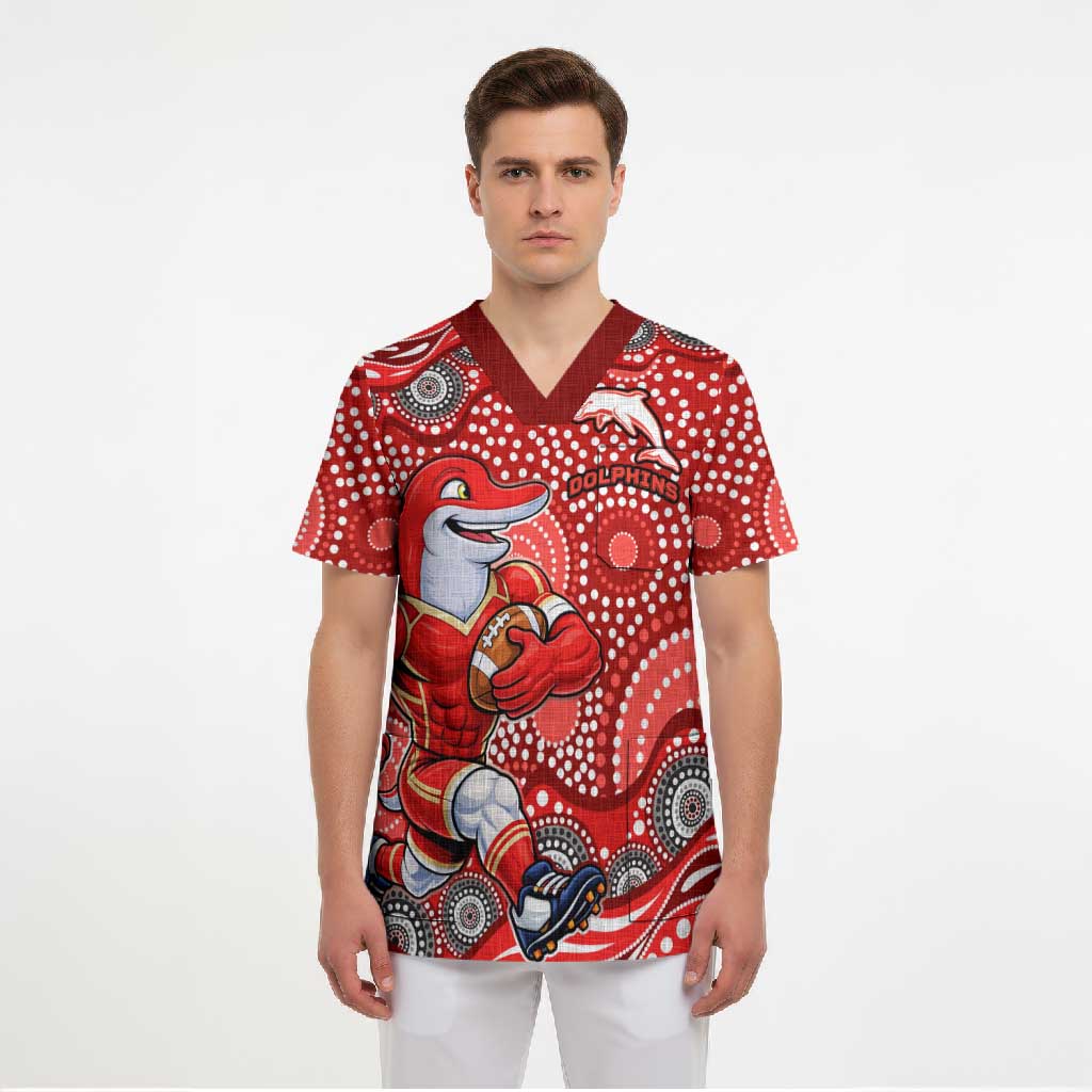 Dolphins Scrub Top Aboriginal Dot Pattern - Rugby Mascot Heritage Pride
