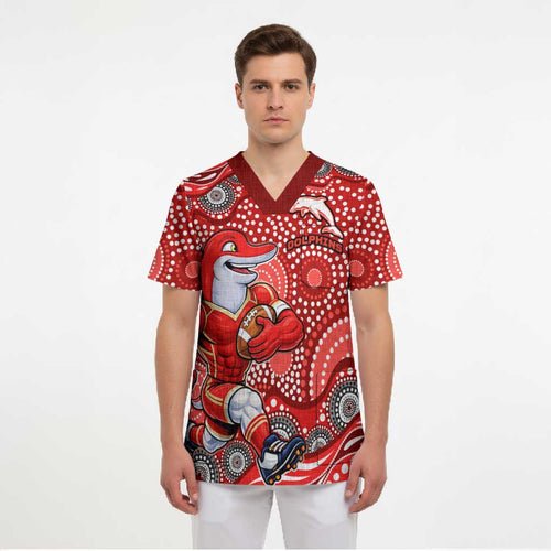 Dolphins Scrub Top Aboriginal Dot Pattern - Rugby Mascot Heritage Pride