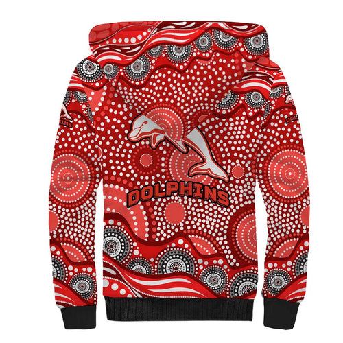 Dolphins Sherpa Hoodie Aboriginal Dot Pattern - Rugby Mascot Heritage Pride