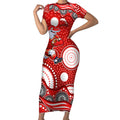 Dolphins Short Sleeve Bodycon Dress Aboriginal Dot Pattern - Rugby Mascot Heritage Pride
