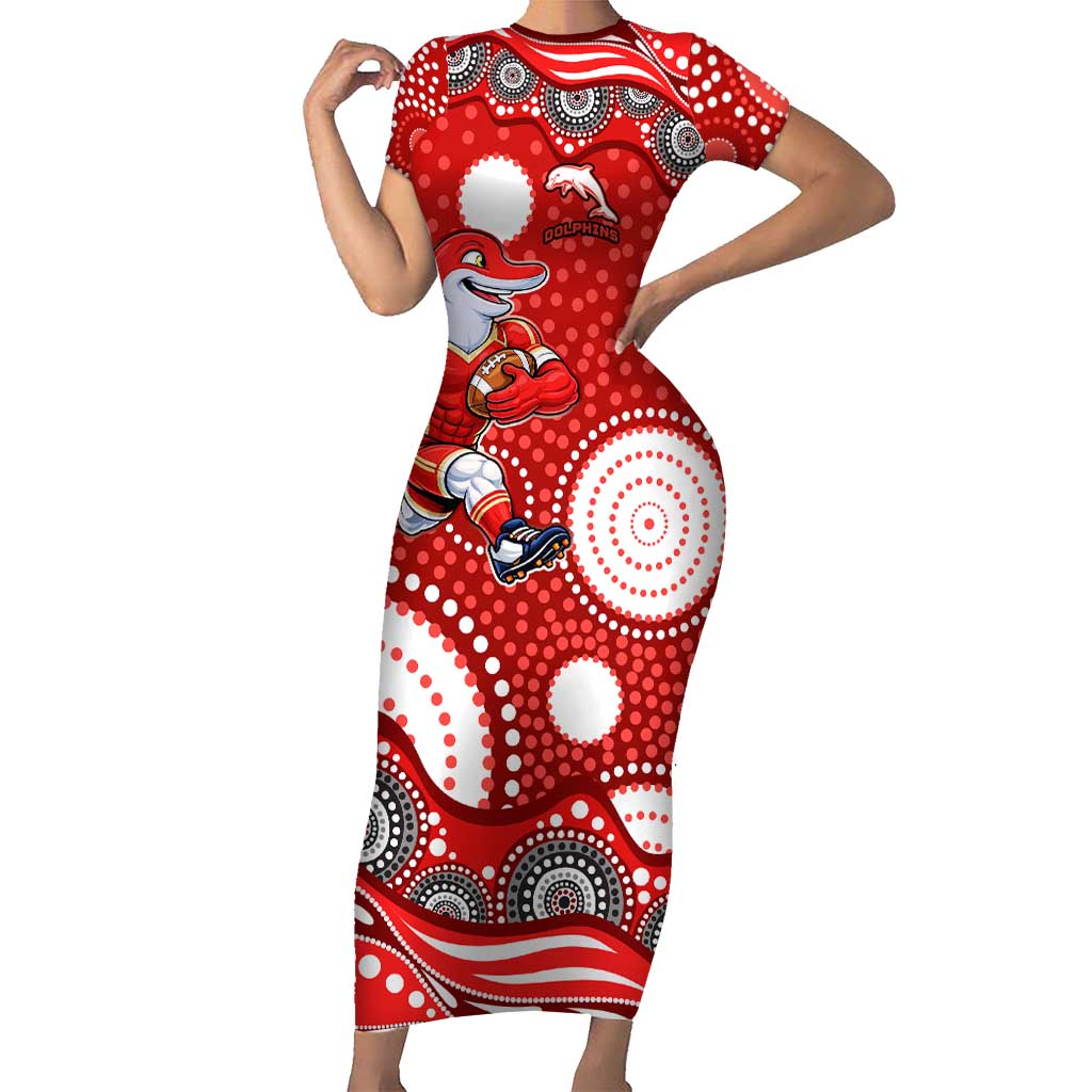 Dolphins Short Sleeve Bodycon Dress Aboriginal Dot Pattern - Rugby Mascot Heritage Pride