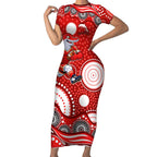 Dolphins Short Sleeve Bodycon Dress Aboriginal Dot Pattern - Rugby Mascot Heritage Pride