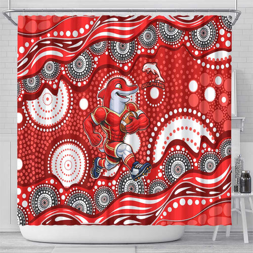 Dolphins Shower Curtain Aboriginal Dot Pattern - Rugby Mascot Heritage Pride