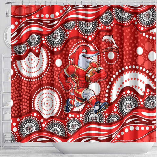 Dolphins Shower Curtain Aboriginal Dot Pattern - Rugby Mascot Heritage Pride