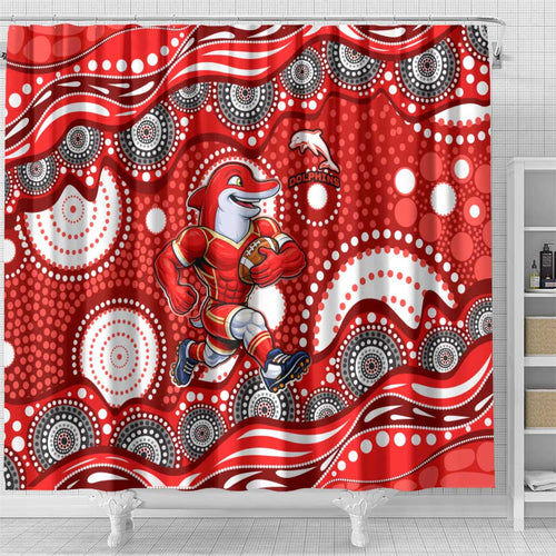 Dolphins Shower Curtain Aboriginal Dot Pattern - Rugby Mascot Heritage Pride