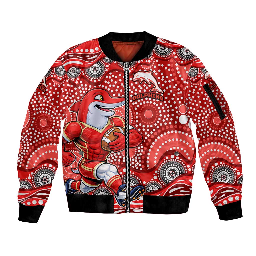 Dolphins Sleeve Zip Bomber Jacket Aboriginal Dot Pattern - Rugby Mascot Heritage Pride