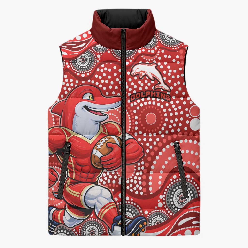 Dolphins Sleeveless Puffer Jacket Aboriginal Dot Pattern - Rugby Mascot Heritage Pride