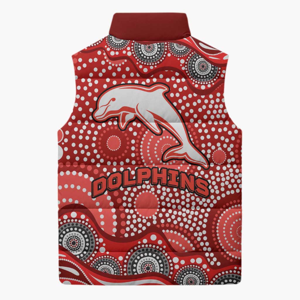 Dolphins Sleeveless Puffer Jacket Aboriginal Dot Pattern - Rugby Mascot Heritage Pride