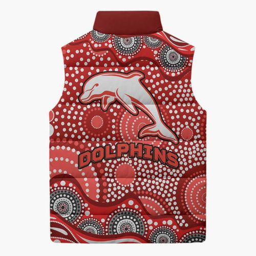 Dolphins Sleeveless Puffer Jacket Aboriginal Dot Pattern - Rugby Mascot Heritage Pride