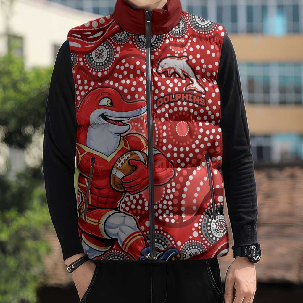 Dolphins Sleeveless Puffer Jacket Aboriginal Dot Pattern - Rugby Mascot Heritage Pride