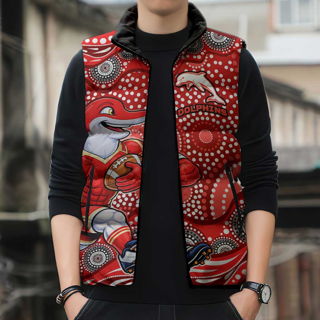 Dolphins Sleeveless Puffer Jacket Aboriginal Dot Pattern - Rugby Mascot Heritage Pride