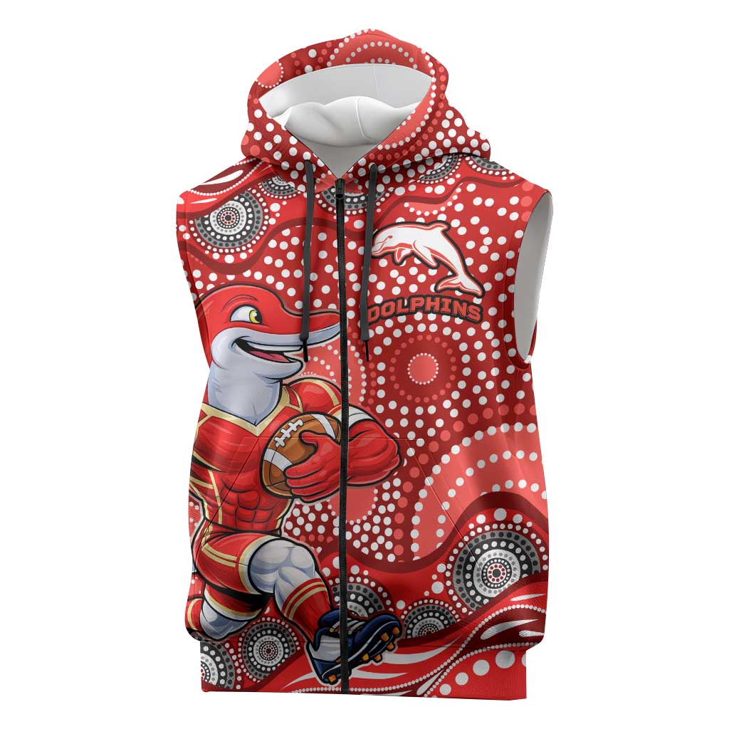 Dolphins Sleeveless Zip Hoodie Aboriginal Dot Pattern - Rugby Mascot Heritage Pride