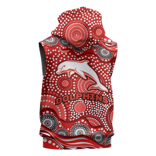 Dolphins Sleeveless Zip Hoodie Aboriginal Dot Pattern - Rugby Mascot Heritage Pride