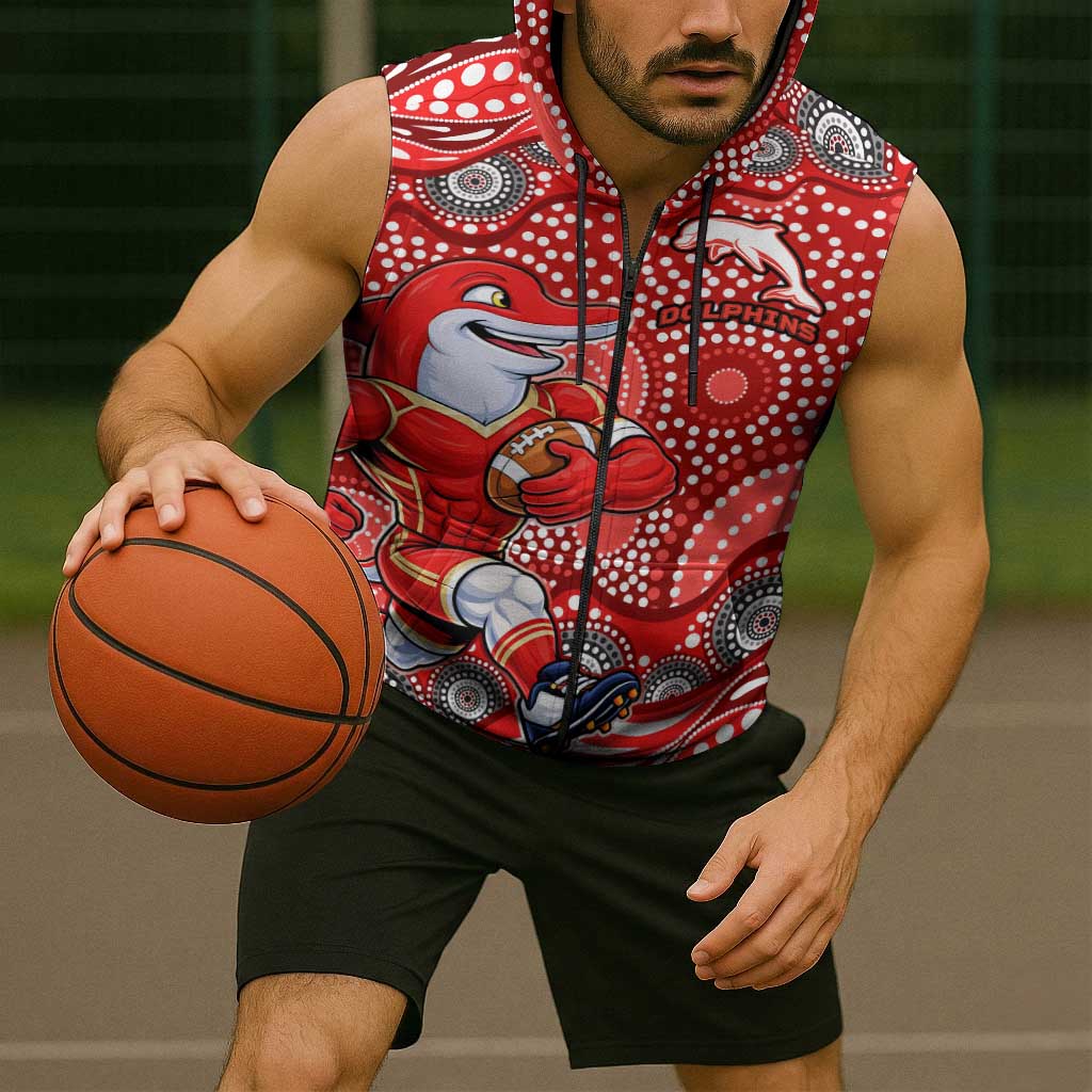 Dolphins Sleeveless Zip Hoodie Aboriginal Dot Pattern - Rugby Mascot Heritage Pride