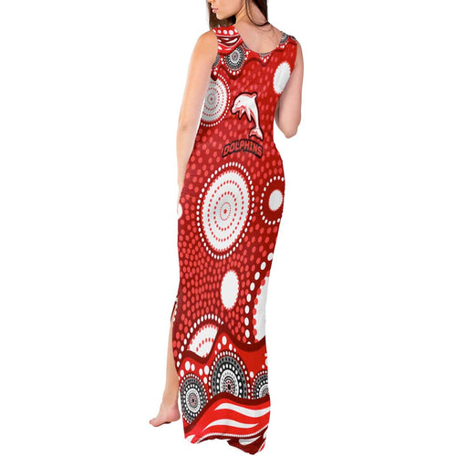 Dolphins Tank Maxi Dress Aboriginal Dot Pattern - Rugby Mascot Heritage Pride