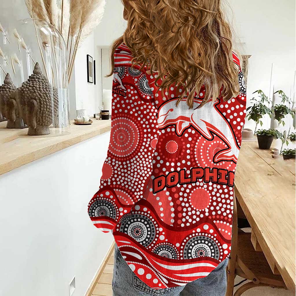 Dolphins Women Casual Shirt Aboriginal Dot Pattern - Rugby Mascot Heritage Pride