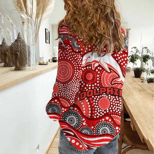 Dolphins Women Casual Shirt Aboriginal Dot Pattern - Rugby Mascot Heritage Pride