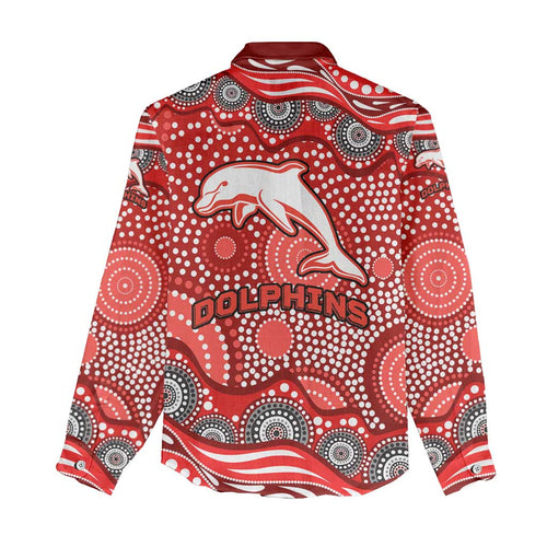 Dolphins Women Casual Shirt Aboriginal Dot Pattern - Rugby Mascot Heritage Pride