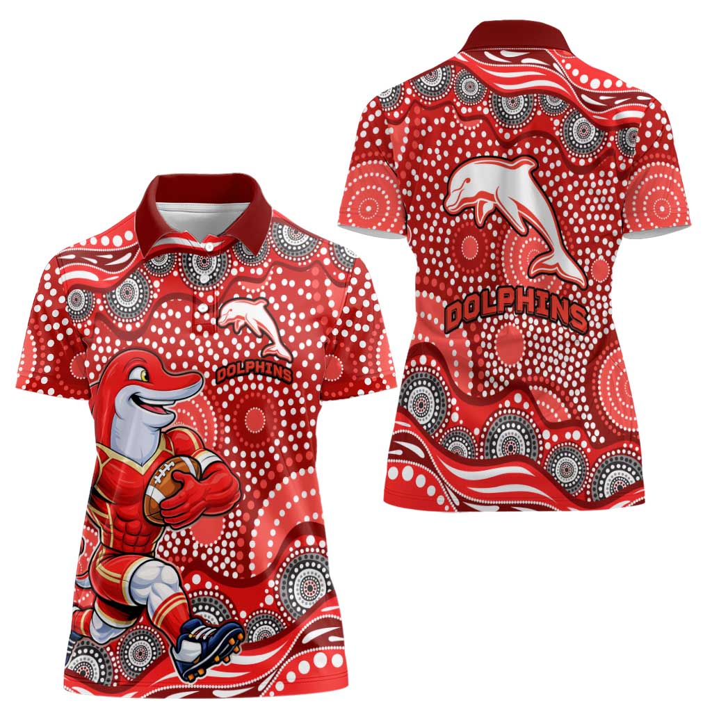 Dolphins Women Polo Shirt Aboriginal Dot Pattern - Rugby Mascot Heritage Pride