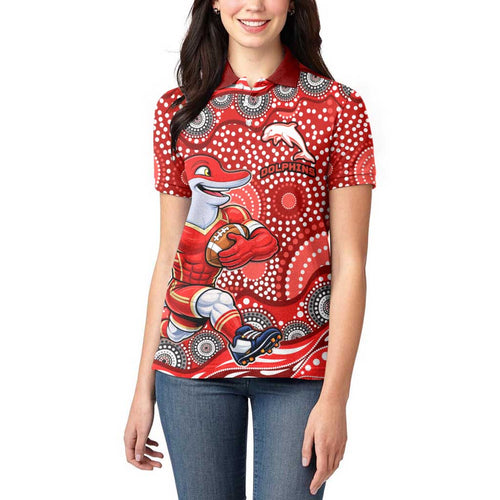 Dolphins Women Polo Shirt Aboriginal Dot Pattern - Rugby Mascot Heritage Pride