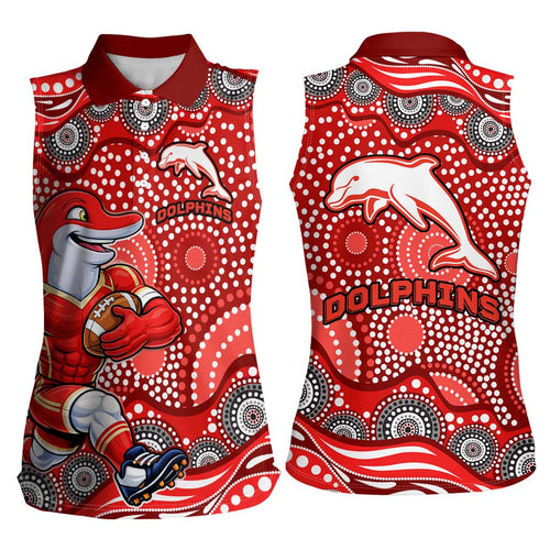 Dolphins Women Sleeveless Polo Shirt Aboriginal Dot Pattern - Rugby Mascot Heritage Pride