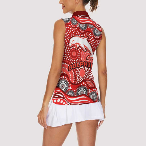 Dolphins Women Sleeveless Polo Shirt Aboriginal Dot Pattern - Rugby Mascot Heritage Pride