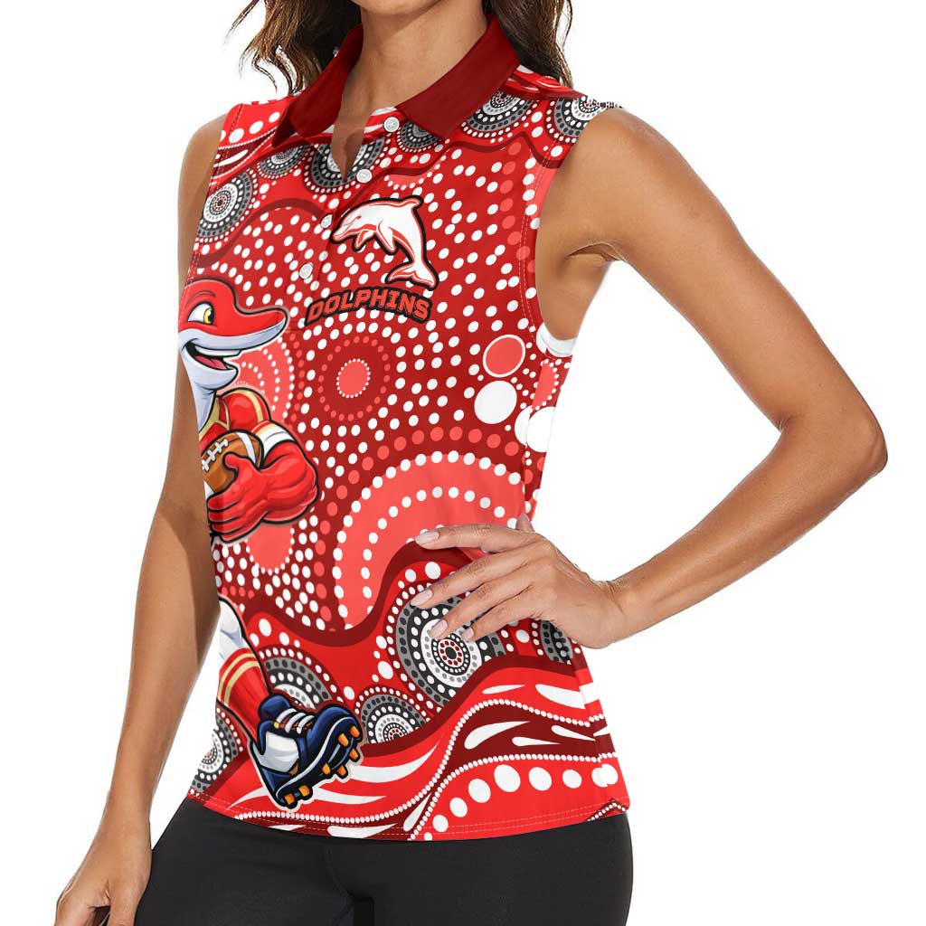 Dolphins Women Sleeveless Polo Shirt Aboriginal Dot Pattern - Rugby Mascot Heritage Pride