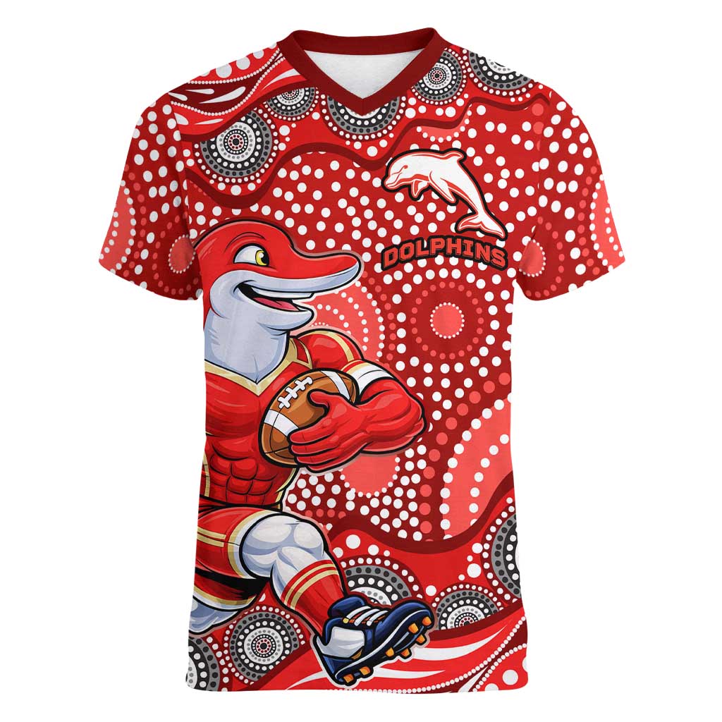 Dolphins Women V-Neck T-Shirt Aboriginal Dot Pattern - Rugby Mascot Heritage Pride