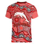 Dolphins Women V-Neck T-Shirt Aboriginal Dot Pattern - Rugby Mascot Heritage Pride