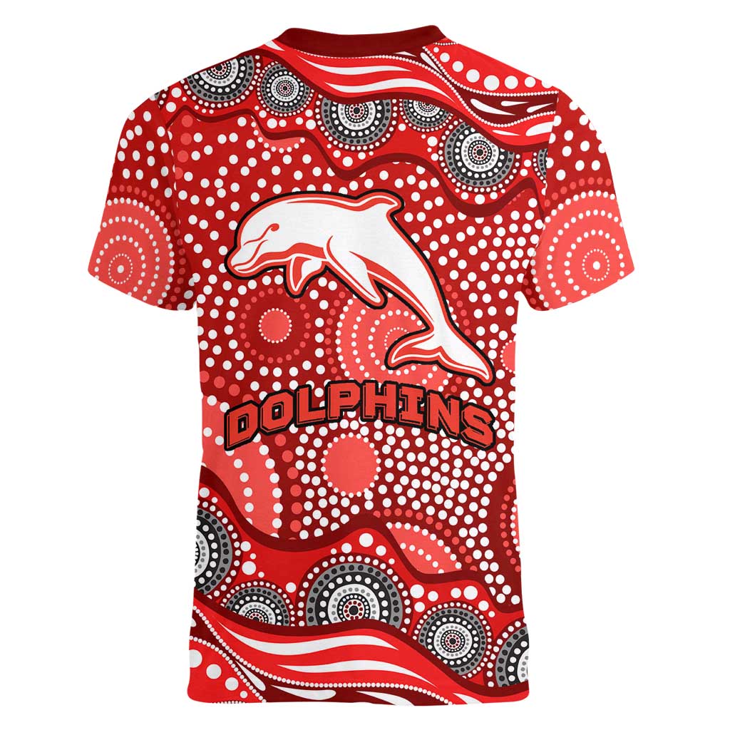 Dolphins Women V-Neck T-Shirt Aboriginal Dot Pattern - Rugby Mascot Heritage Pride