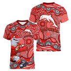 Dolphins Women V-Neck T-Shirt Aboriginal Dot Pattern - Rugby Mascot Heritage Pride