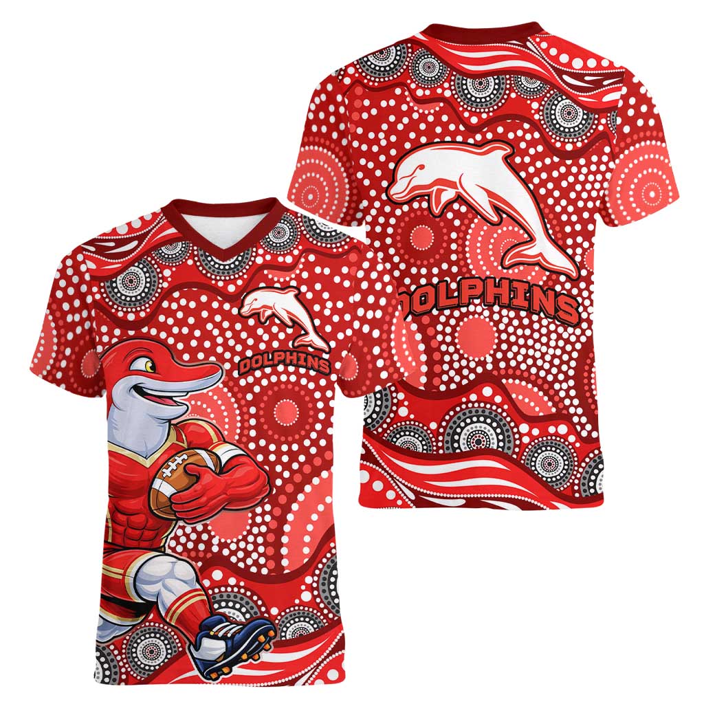 Dolphins Women V-Neck T-Shirt Aboriginal Dot Pattern - Rugby Mascot Heritage Pride