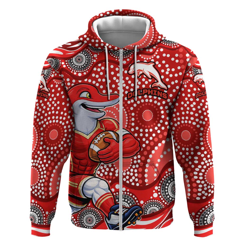 Dolphins Zip Hoodie Aboriginal Dot Pattern - Rugby Mascot Heritage Pride