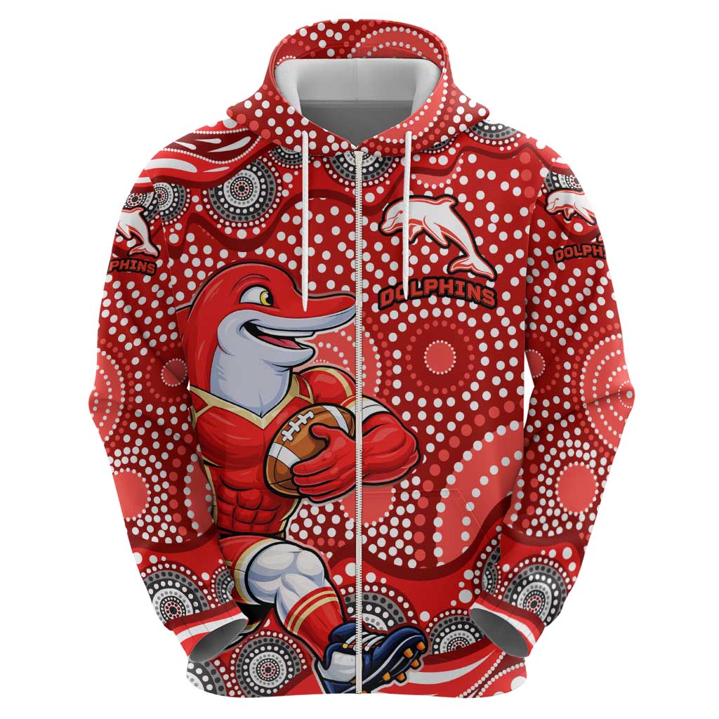 Dolphins Zip Hoodie Aboriginal Dot Pattern - Rugby Mascot Heritage Pride
