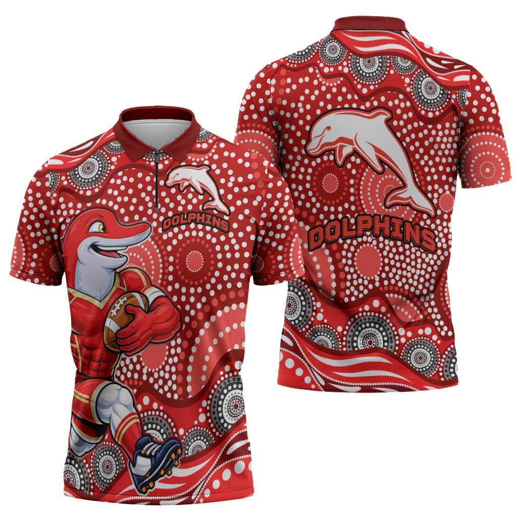 Dolphins Zipper Polo Shirt Aboriginal Dot Pattern - Rugby Mascot Heritage Pride