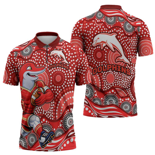 Dolphins Zipper Polo Shirt Aboriginal Dot Pattern - Rugby Mascot Heritage Pride
