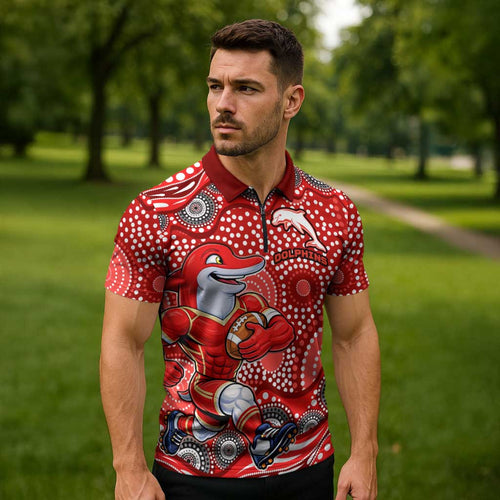 Dolphins Zipper Polo Shirt Aboriginal Dot Pattern - Rugby Mascot Heritage Pride