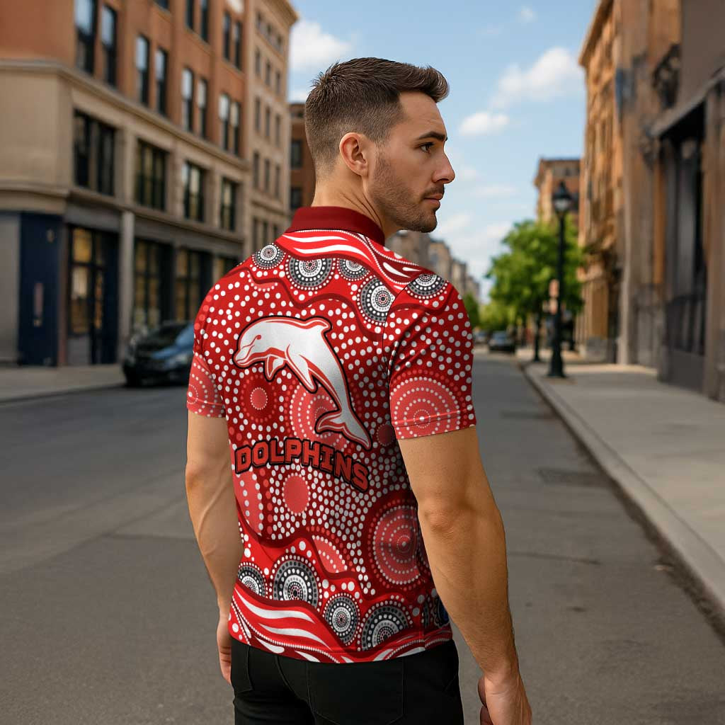 Dolphins Zipper Polo Shirt Aboriginal Dot Pattern - Rugby Mascot Heritage Pride