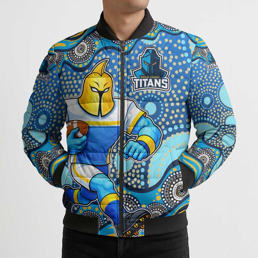 Gold Coast Titans Bomber Puffer Jacket Aboriginal Dot Pattern - Rugby Mascot Heritage Pride