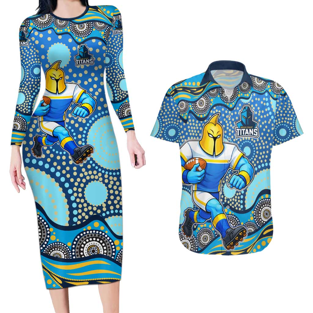 Gold Coast Titans Couples Matching Long Sleeve Bodycon Dress and Hawaiian Shirt Aboriginal Dot Pattern - Rugby Mascot Heritage Pride