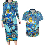 Gold Coast Titans Couples Matching Long Sleeve Bodycon Dress and Hawaiian Shirt Aboriginal Dot Pattern - Rugby Mascot Heritage Pride