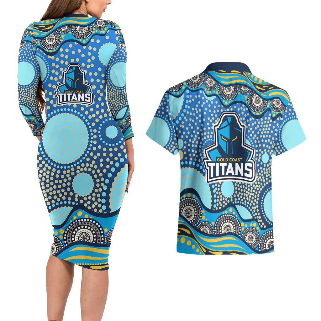 Gold Coast Titans Couples Matching Long Sleeve Bodycon Dress and Hawaiian Shirt Aboriginal Dot Pattern - Rugby Mascot Heritage Pride