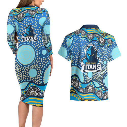 Gold Coast Titans Couples Matching Long Sleeve Bodycon Dress and Hawaiian Shirt Aboriginal Dot Pattern - Rugby Mascot Heritage Pride
