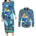 Gold Coast Titans Couples Matching Long Sleeve Bodycon Dress and Long Sleeve Button Shirt Aboriginal Dot Pattern - Rugby Mascot Heritage Pride