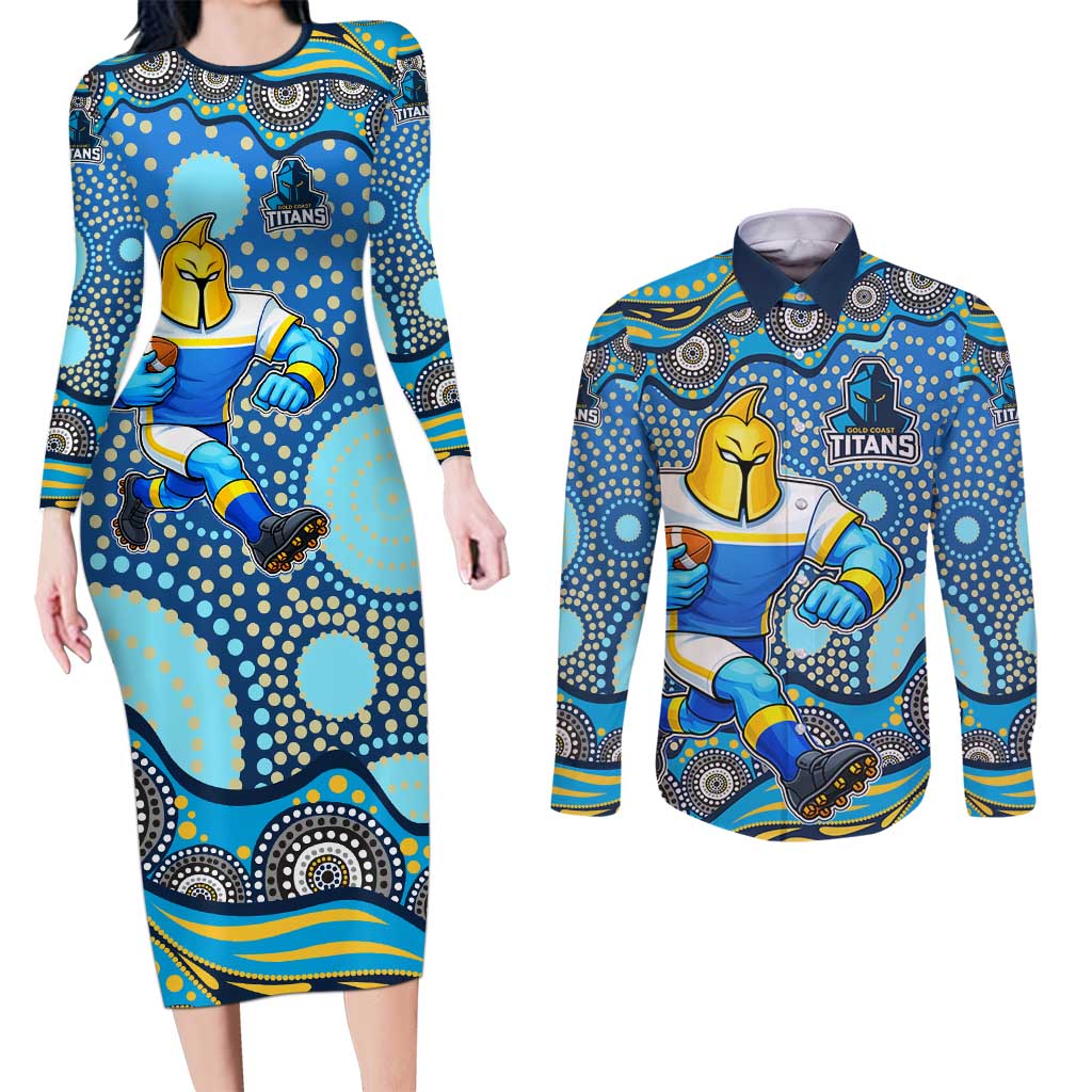 Gold Coast Titans Couples Matching Long Sleeve Bodycon Dress and Long Sleeve Button Shirt Aboriginal Dot Pattern - Rugby Mascot Heritage Pride