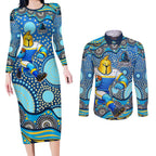 Gold Coast Titans Couples Matching Long Sleeve Bodycon Dress and Long Sleeve Button Shirt Aboriginal Dot Pattern - Rugby Mascot Heritage Pride