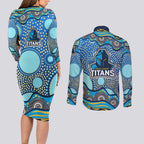 Gold Coast Titans Couples Matching Long Sleeve Bodycon Dress and Long Sleeve Button Shirt Aboriginal Dot Pattern - Rugby Mascot Heritage Pride