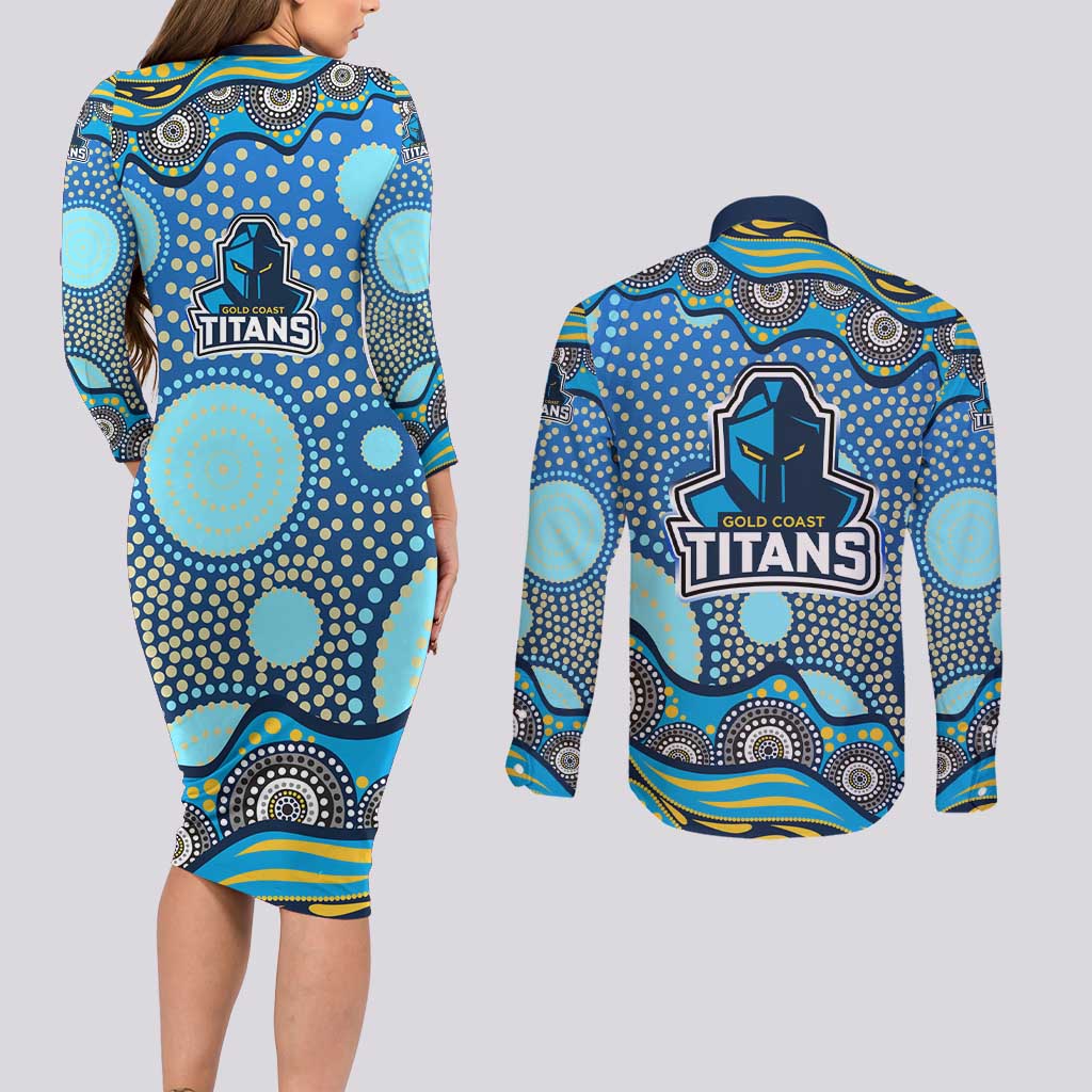 Gold Coast Titans Couples Matching Long Sleeve Bodycon Dress and Long Sleeve Button Shirt Aboriginal Dot Pattern - Rugby Mascot Heritage Pride