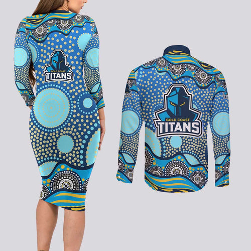 Gold Coast Titans Couples Matching Long Sleeve Bodycon Dress and Long Sleeve Button Shirt Aboriginal Dot Pattern - Rugby Mascot Heritage Pride