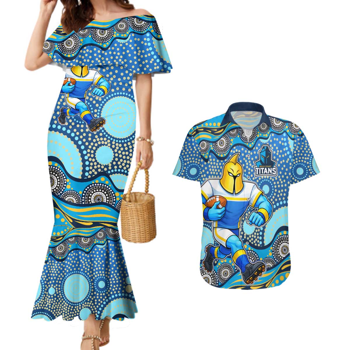 Gold Coast Titans Couples Matching Mermaid Dress and Hawaiian Shirt Aboriginal Dot Pattern - Rugby Mascot Heritage Pride